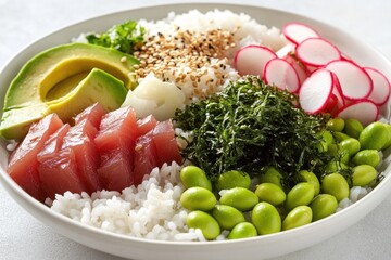 Poster - A simple meal of rice, vegetables, and meat in a white bowl