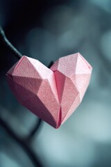 Poster - A delicate pink origami heart hangs from a tree branch, perfect for Valentine's Day or any romantic occasion