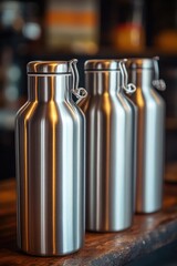 Poster - Three stainless steel water bottles placed on a wooden table, ideal for outdoor or office use