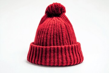 Poster - A bright red knitted hat sits on a white background, perfect for highlighting fashion or textile designs