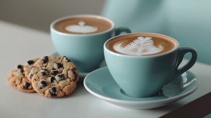Poster - Two cups of coffee and a cookie on a table, perfect setting for a break or a meeting