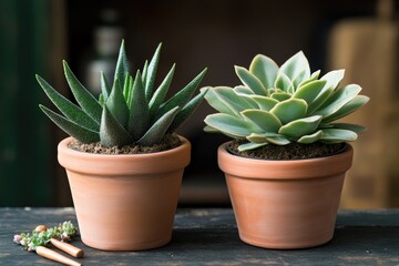 Poster - Two small succulent plants in pots placed on a table