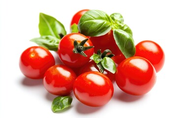 Poster - Fresh tomatoes with green leaves on top, suitable for use in still life photography or as a prop in food-related images