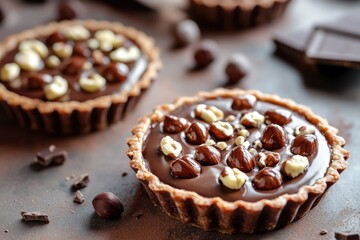 Poster - A delicious-looking chocolate tart topped with nuts and chocolate chips, perfect for dessert or as a snack