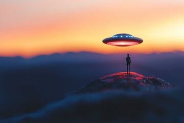 Aufkleber - A person stands atop a mountain, looking up at a flying saucer in the sky