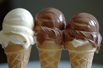 Poster - Three colorful ice cream cones with chocolate and white toppings, perfect for a sweet treat or dessert display