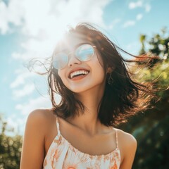 Poster - A smiling woman wearing sunglasses enjoys the sun