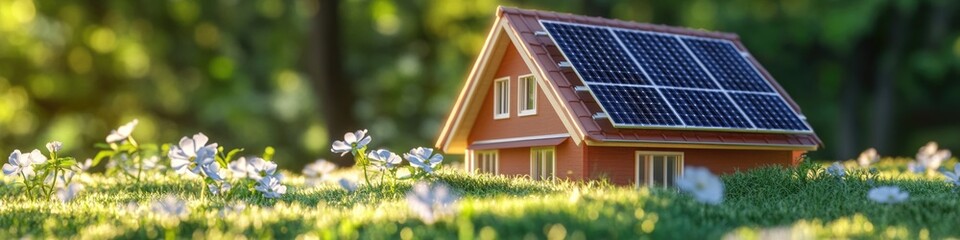 Poster - A small house with a solar panel on the roof, ideal for eco-friendly homes and sustainable living