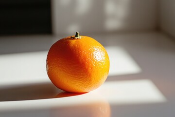 Poster - A single orange fruit sits on top of a white table, perfect for still life photography or interior design compositions