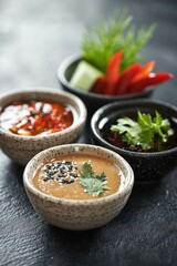 Poster - Three bowls of soup with various vegetables served on a table