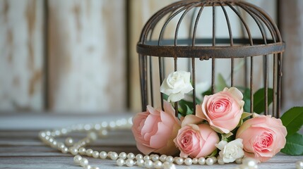 Poster - A rustic wooden birdcage adorned with soft pink roses and white pearls.