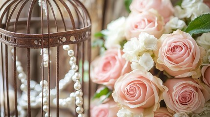 Poster - A rustic wooden birdcage adorned with soft pink roses and white pearls.