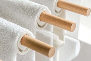 Aufkleber - A close-up view of a towel rack with wooden handles, suitable for use in interior design or architecture context