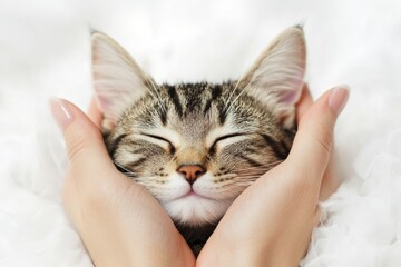 Poster - A person holding a domestic cat in their hands