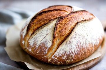 Poster - Freshly baked loaf of bread placed on a wooden cutting board, ready for slicing or serving