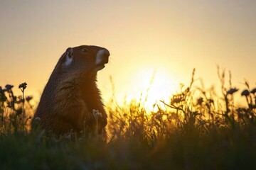 Poster - A groundhog standing in a sunny meadow at sunset