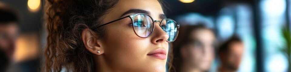 Poster - Close-up of a woman's face wearing glasses, looking directly at the camera