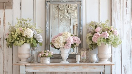 Poster - an entryway with a distressed wooden console, antique mirror, and pastel flower arrangements
