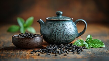 Wall Mural - Teapot, loose leaf tea, wooden table, dark background, beverage