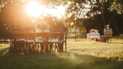 Poster - A wedding setup in a sunlit field, with rustic wooden chairs and soft pink roses.