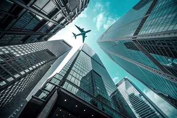 Airplane flying over modern city skyscrapers tall buildings urban scene low day high rise blue teal