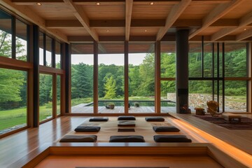 Serene Modern Zen Room with Pool and Forest View