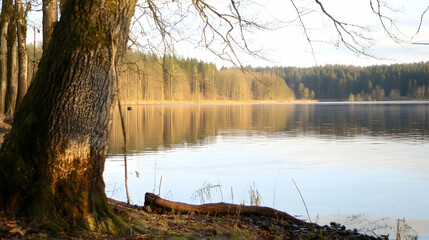 Wall Mural - Lakeside tranquility A serene forest lake scene casting reflections; ideal for promoting peace, nature or relaxation