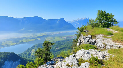 Wall Mural - Scenic mountain top view. Tourist route with vista over lake. Hazy fields and alpine peaks beyond. Travel, hiking, and tourism images