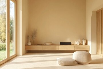 Wall Mural - Serene Minimalist Living Room with Warm Sunlight