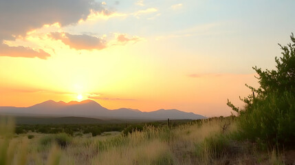 Wall Mural - Sunset over mountains with grassy field, rural setting; good for travel, scenic beauty, or peaceful landscape themes