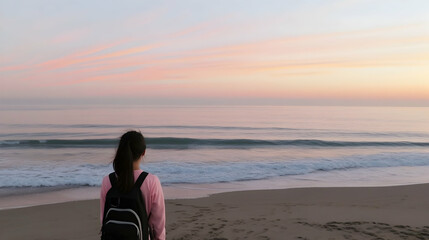 Wall Mural - woman on beach watches sunset. pink sky and calm ocean. relaxation and tranquility. travel, tourism,