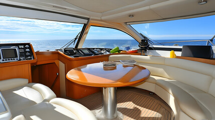 Wall Mural - Yacht interior shot of navigation console and dining table, with blue sea views; possible tourism or luxury advertisement