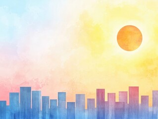 Poster - Watercolor City Skyline at Sunset with Bright Sunlight and Soft Colors