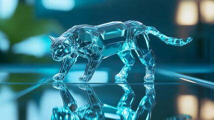 Poster - A holographic representation of a panther walking on a reflective surface, illuminated by soft blue and green lights, creating an ethereal and futuristic atmosphere