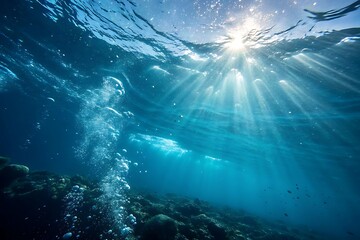 Stunning underwater scene with sunbeams and bubbles ocean deep blue water sea eco rays calm dark view