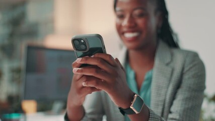 Poster - Business, hands and woman in office, smartphone and social media with happiness. Person, employee and financial advisor with cellphone, accounting and mobile app for texting and message to contact