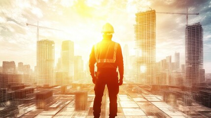 Poster - Worker Skyline Construction Progress Sunset