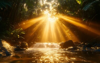 Sticker - Sunlight streams through rainforest, cascading stream.  Possible use Nature background