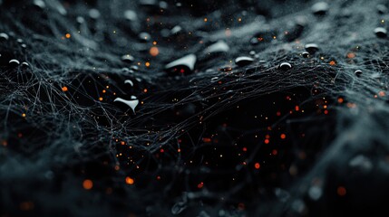 Mystical Spiderweb with Water Droplets and Glowing Particles on Dark Surface