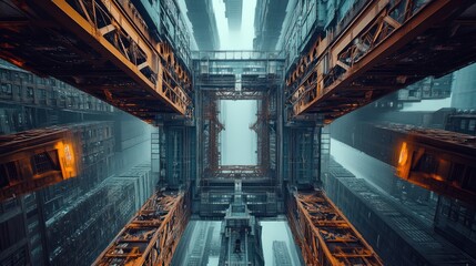 Sticker - Futuristic city, steel structure, upward view, fog, construction