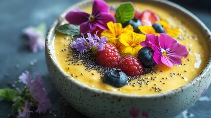 Poster - A healthy smoothie bowl featuring vibrant tropical fruits, sprinkled with chia seeds and garnished with edible flowers