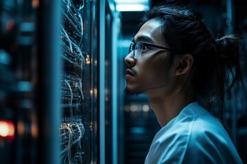 Poster - Technician examines complex data server systems in a dimly lit technology facility at night