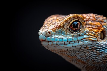 Wall Mural - Close-up view of a lizard showcasing vibrant colors and intricate scales against a dark background