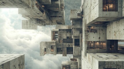 Futuristic concrete city, aerial view, cloudy sky, architectural design, concept art