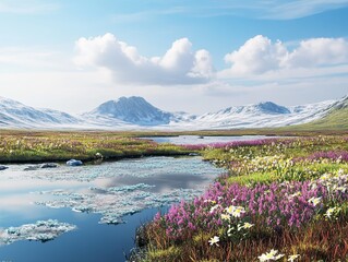 Wall Mural - majestic snowy mountains overlook a vibrant meadow with a tranquil stream