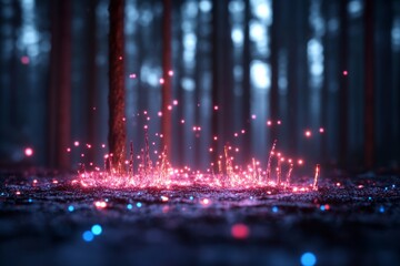 Poster - Magical glowing particles arise from the forest floor in the twilight of a serene woodland setting