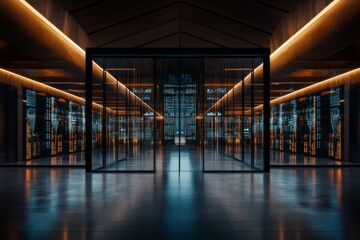 Poster - Modern data center features sleek architecture and illuminated digital displays during evening hours