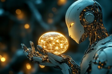 Poster - Robot holding glowing orb in a futuristic digital environment with intricate technology detailing and vibrant colors
