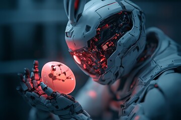 Poster - Robot scientist examining a glowing molecular structure in a futuristic lab setting
