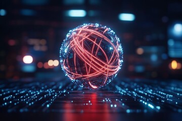 Aufkleber - Vibrant digital sphere with glowing lines illuminated in a futuristic environment